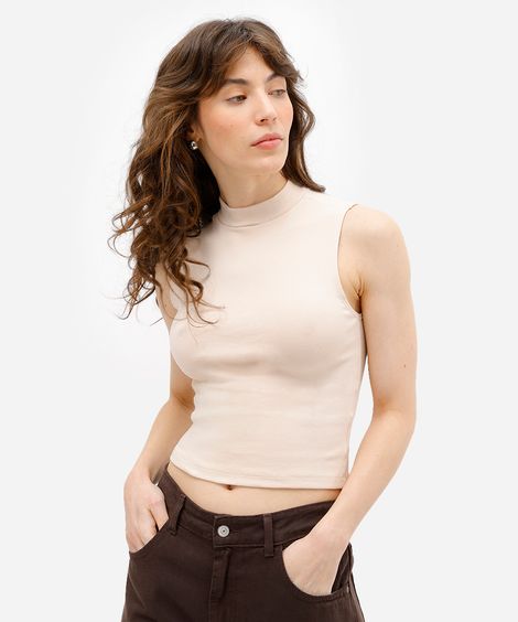 regata feminina de algodão básica gola alta bege