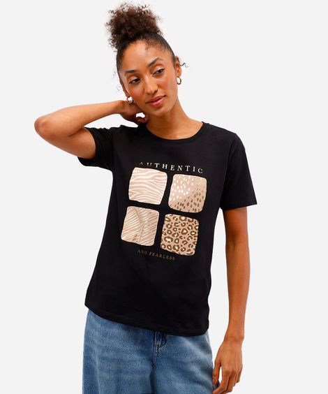 camiseta feminina de algodão animal print preta