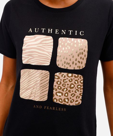 camiseta feminina de algodão animal print preta