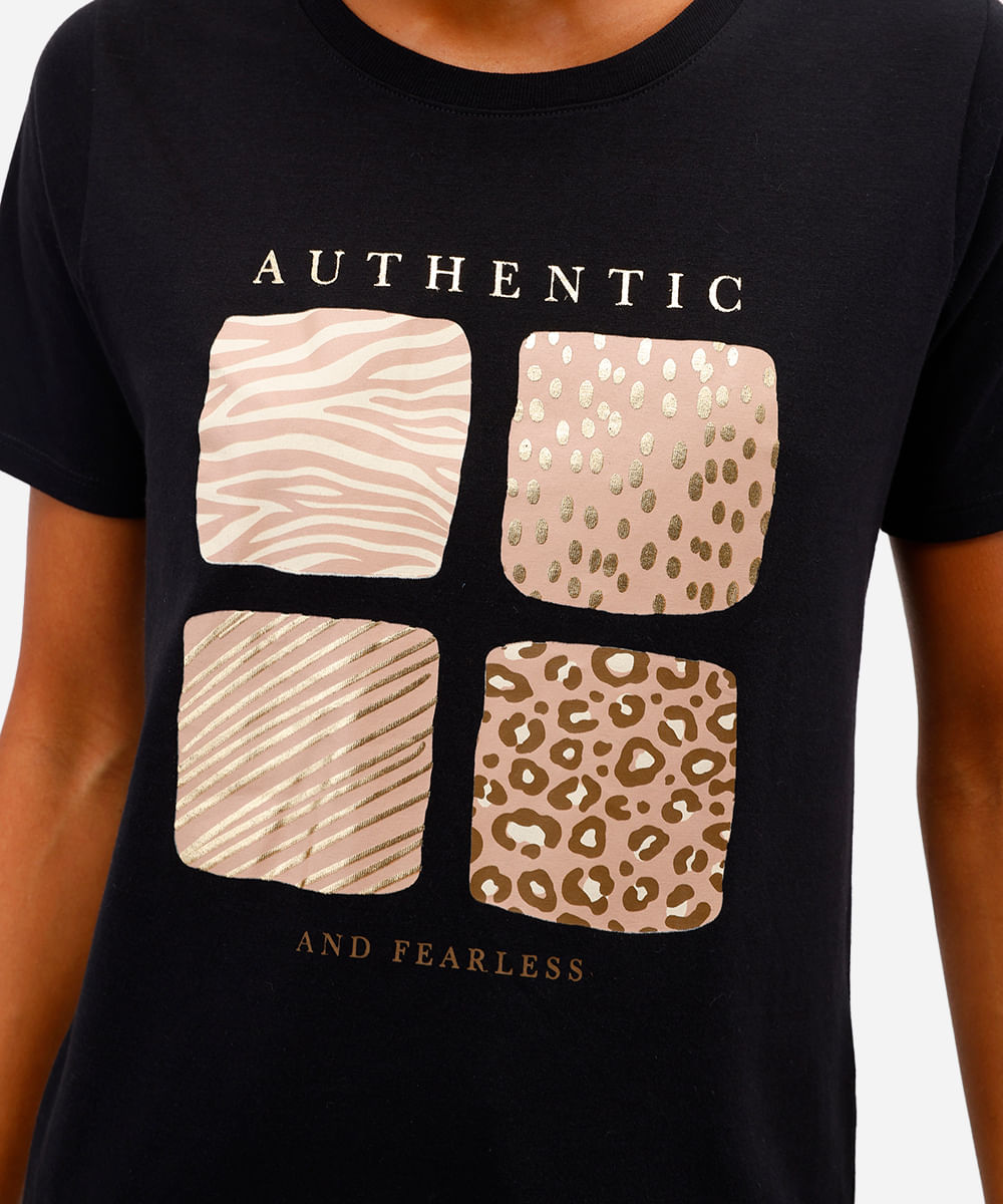 camiseta feminina de algodão animal print preta