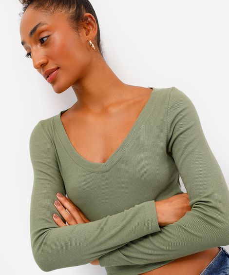 blusa básica decote v manga longa preto - verde mate