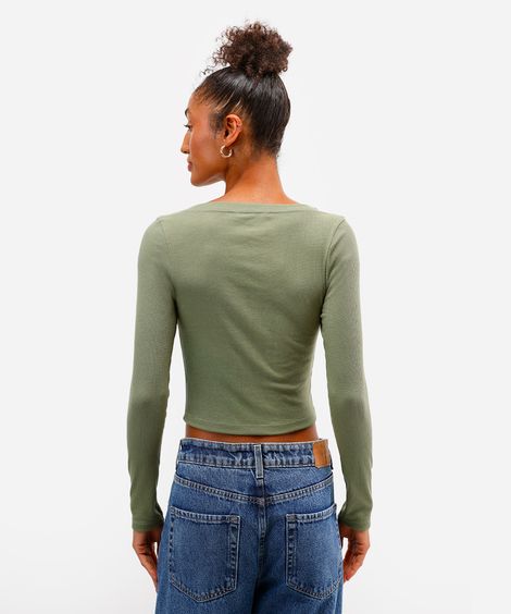 blusa básica decote v manga longa preto - verde mate