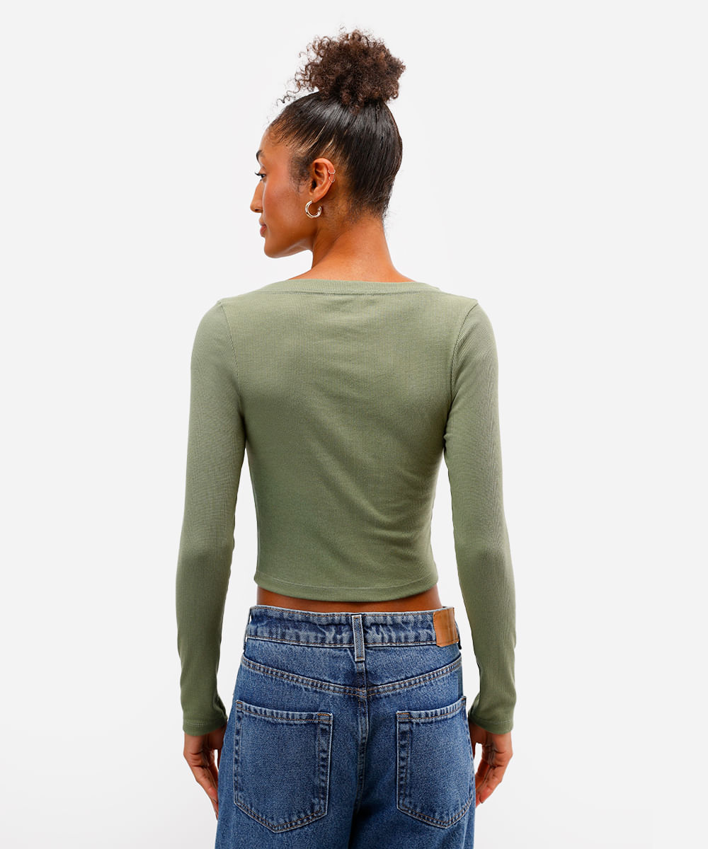 blusa básica decote v manga longa preto - verde mate