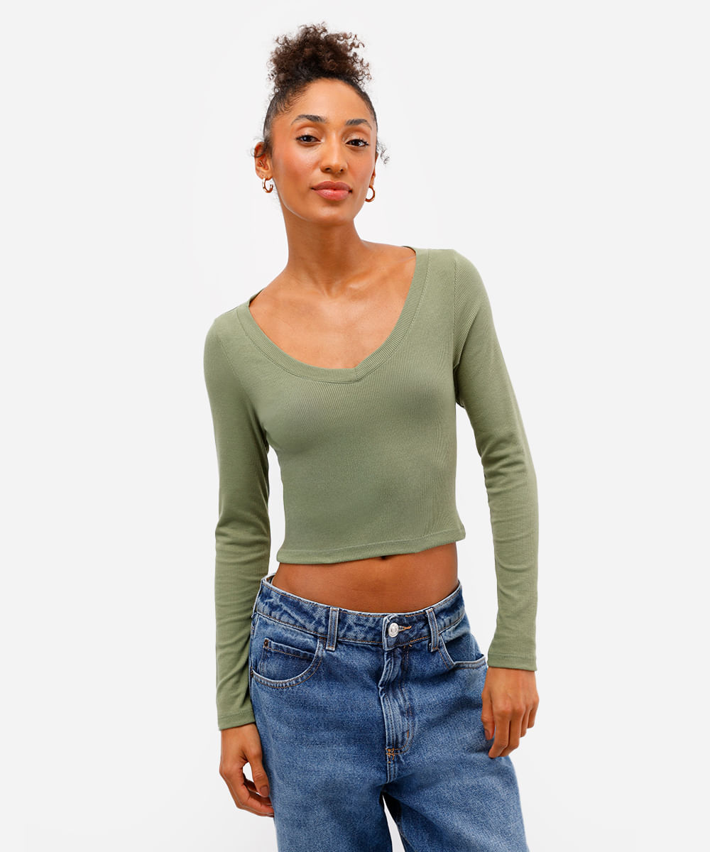 blusa básica decote v manga longa preto - verde mate