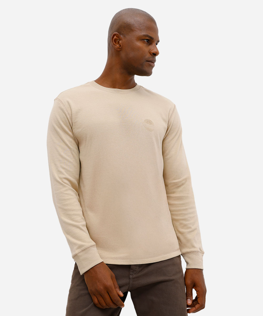 camiseta masculina manga longa bordada bege