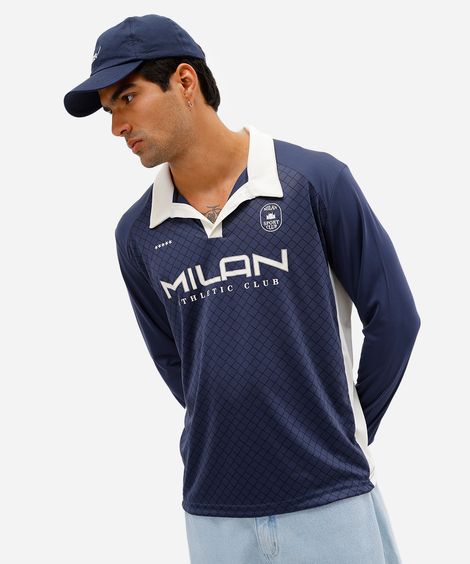 camiseta retrô unissex com gola manga longa milan azul