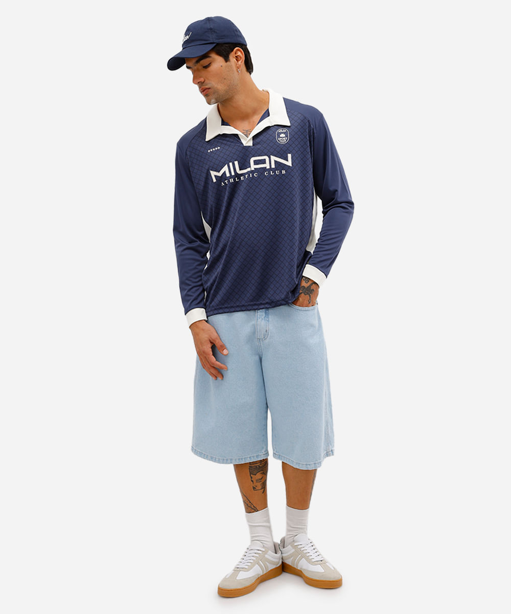 camiseta retrô unissex com gola manga longa milan azul