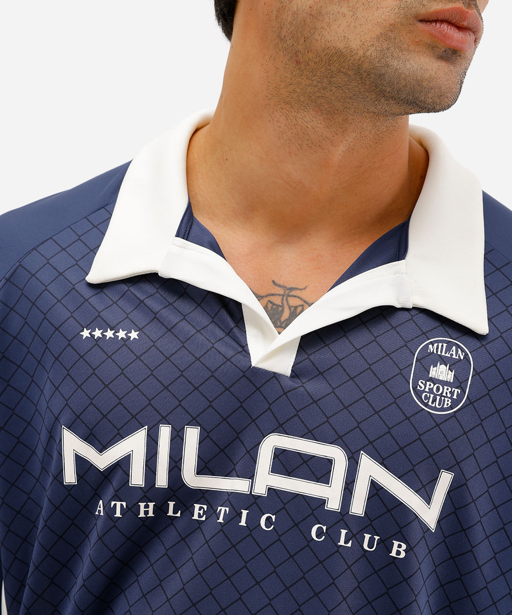 camiseta retrô unissex com gola manga longa milan azul