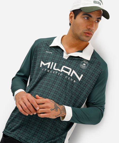 camiseta retrô unissex com gola manga longa milan verde