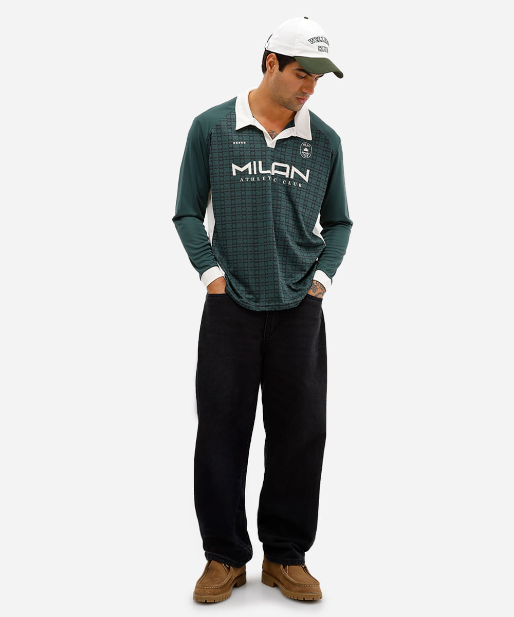 camiseta retrô unissex com gola manga longa milan verde