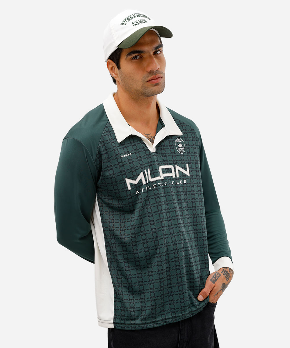 camiseta retrô unissex com gola manga longa milan verde