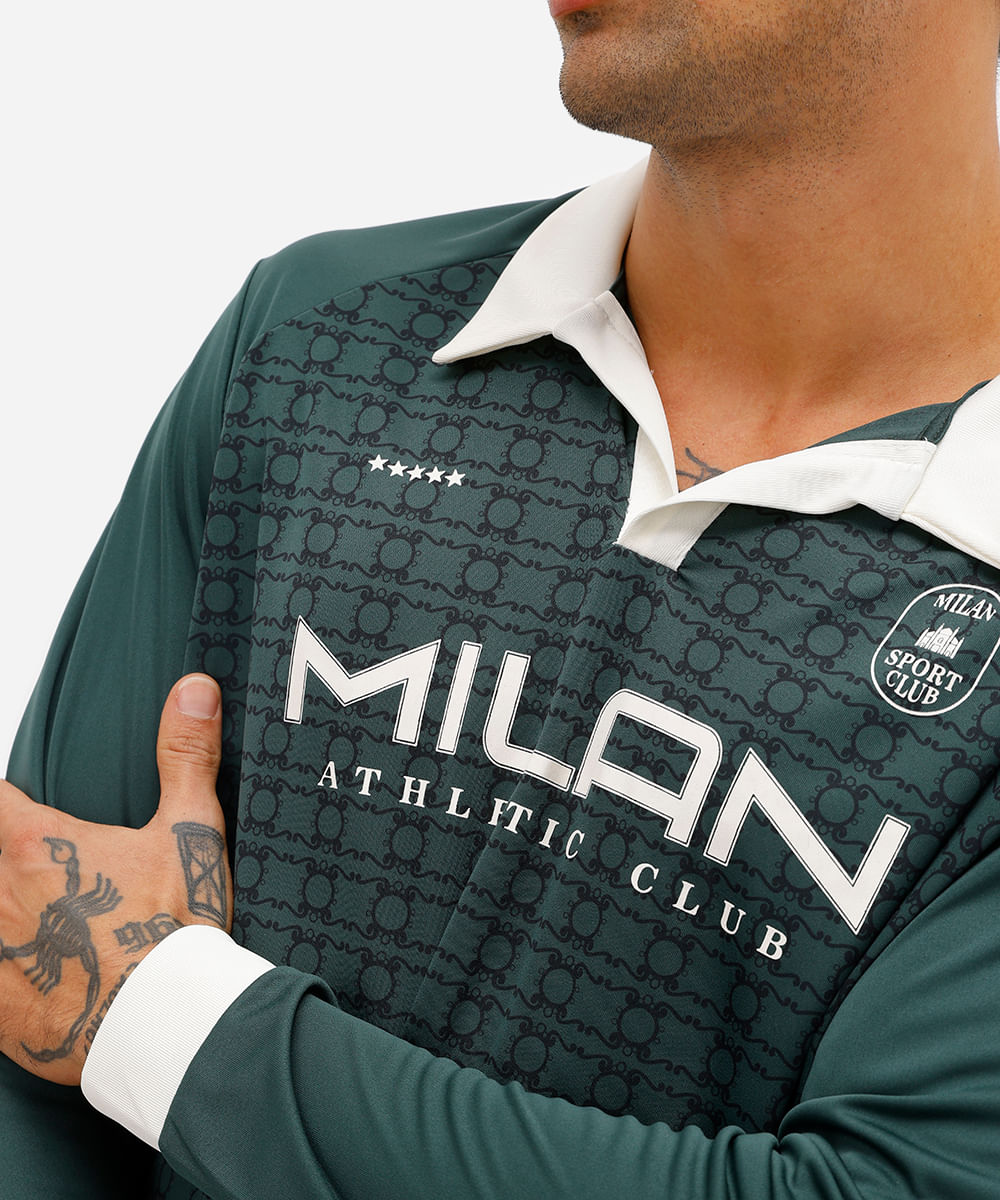 camiseta retrô unissex com gola manga longa milan verde