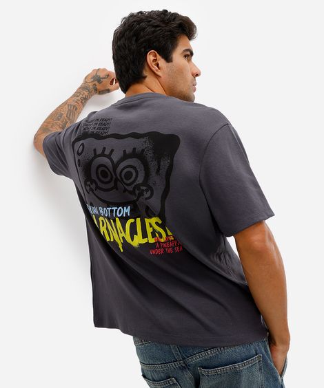 camiseta masculina manga curta bob esponja cinza