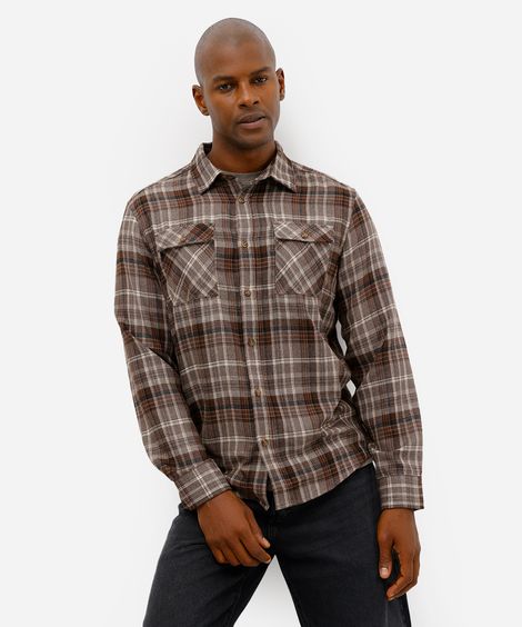 camisa masculina manga longa com bolsos xadrez marrom
