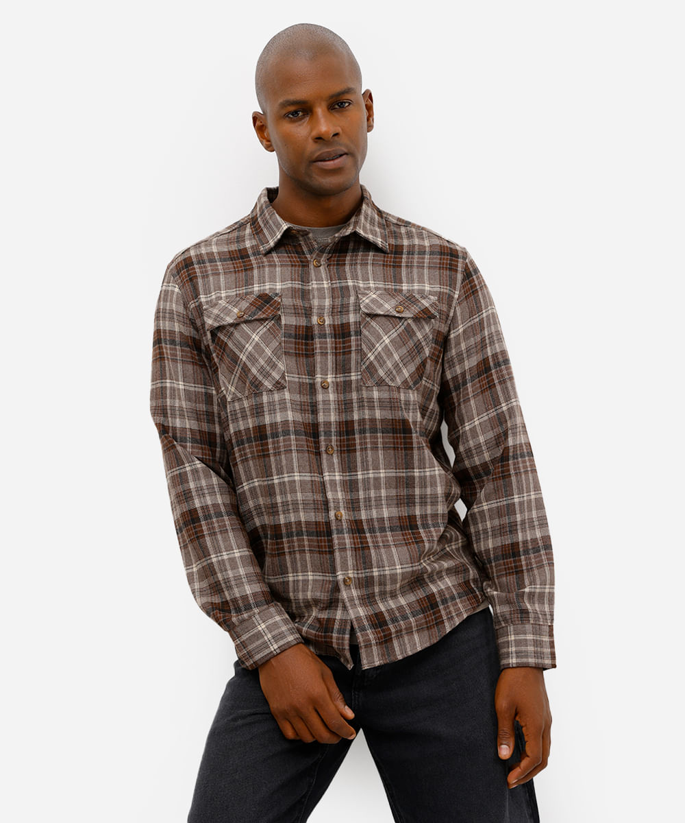camisa masculina manga longa com bolsos xadrez marrom