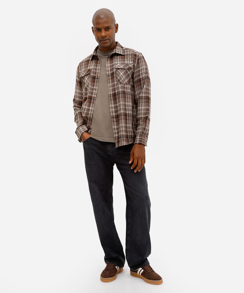 camisa masculina manga longa com bolsos xadrez marrom