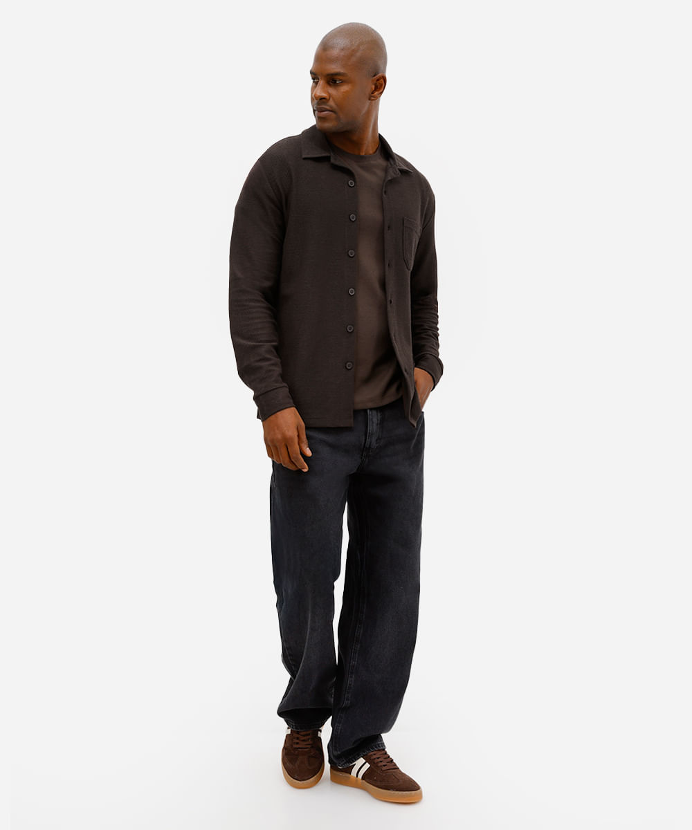 camisa masculina manga longa texturizada marrom