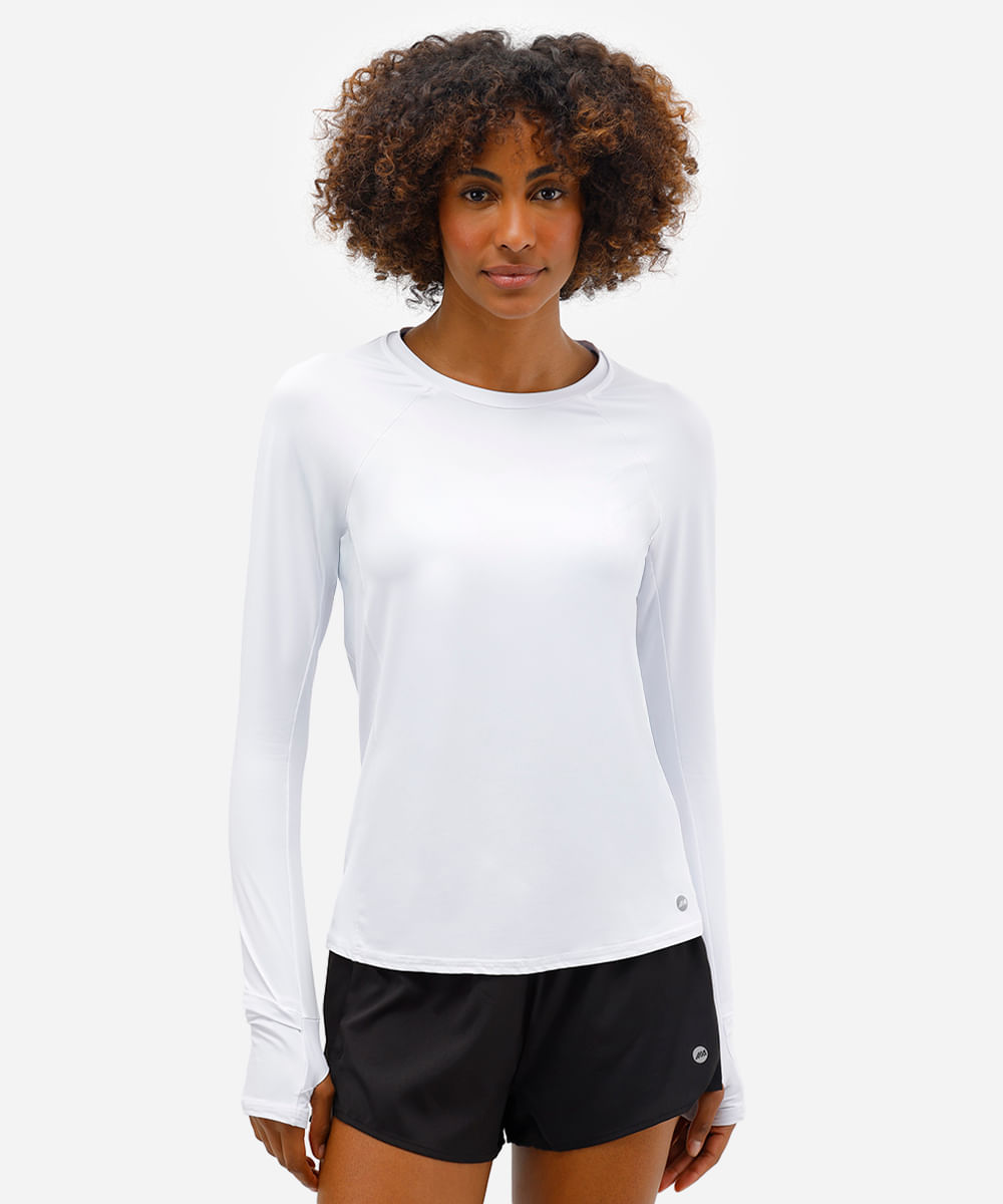 camiseta feminina de poliamida manga longa esportiva branca