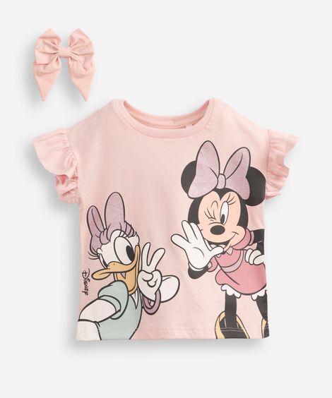 blusa infantil de algodão minnie com scrunchie rosa