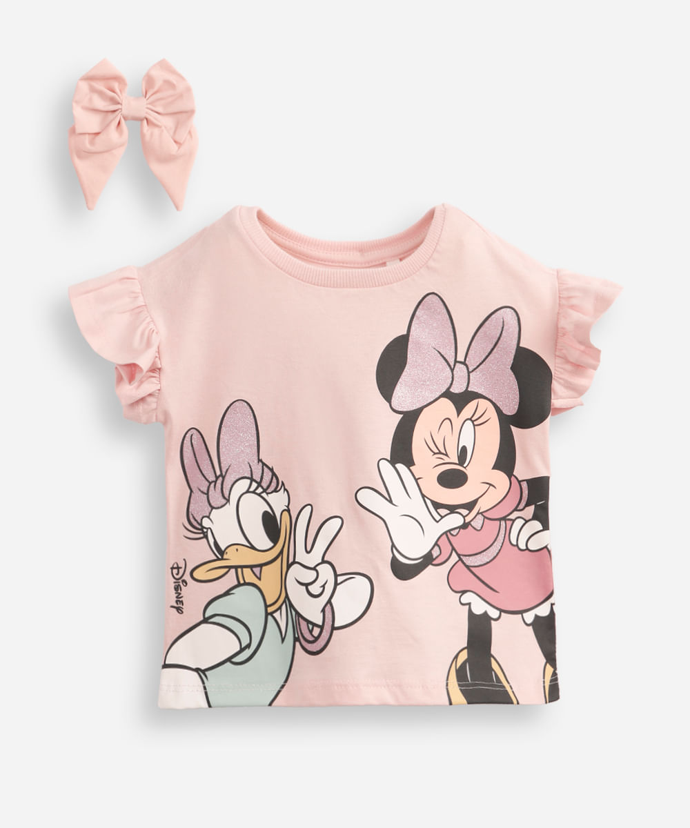 blusa infantil de algodão minnie com scrunchie rosa