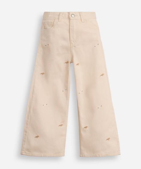 calça wide leg infantil bordada floral bege