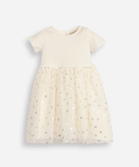 vestido infantil com tule floral metalizado off white