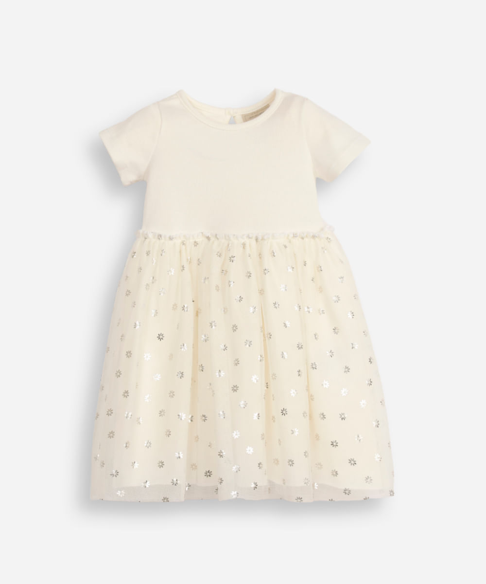 vestido infantil com tule floral metalizado off white