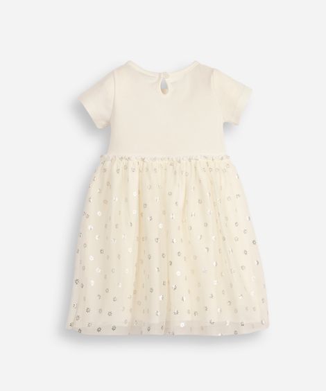 vestido infantil com tule floral metalizado off white
