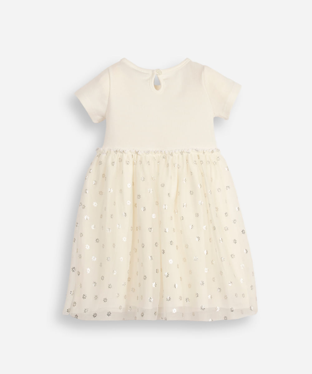 vestido infantil com tule floral metalizado off white