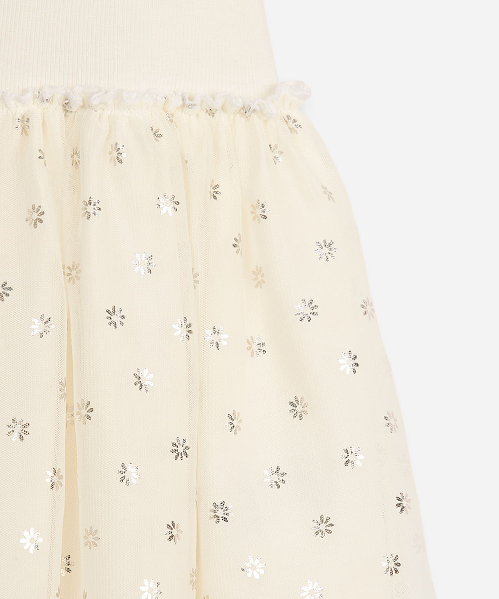 vestido infantil com tule floral metalizado off white