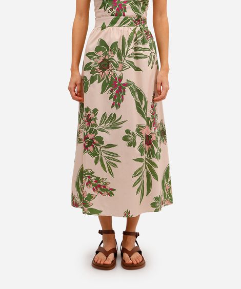 saia midi feminina godê de algodão floral bege
