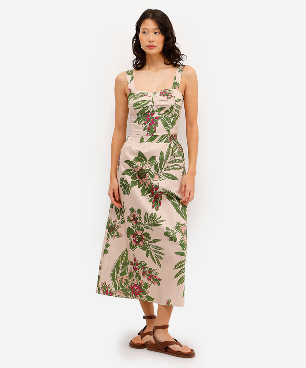 cropped feminino de algodão floral bege