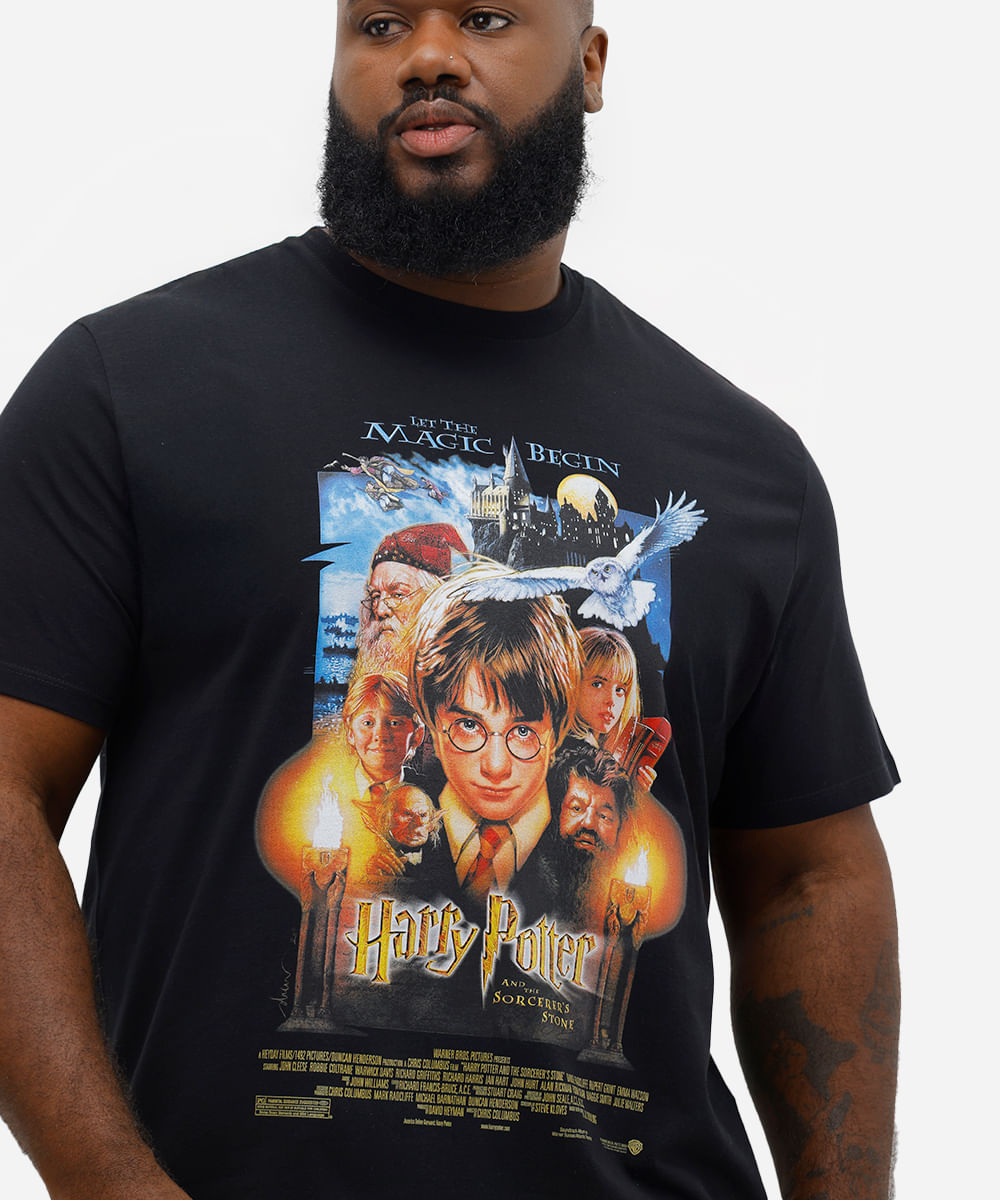 camiseta masculina de algodão harry potter plus size preta