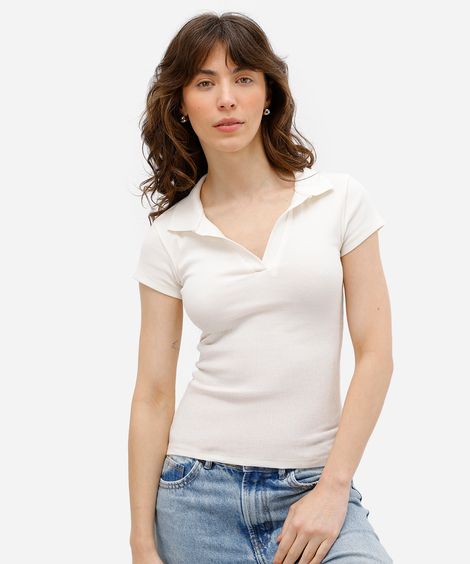 polo feminina de algodão canelada off white
