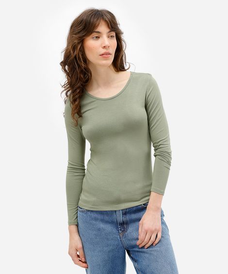 blusa feminina básica manga longa decote redondo verde