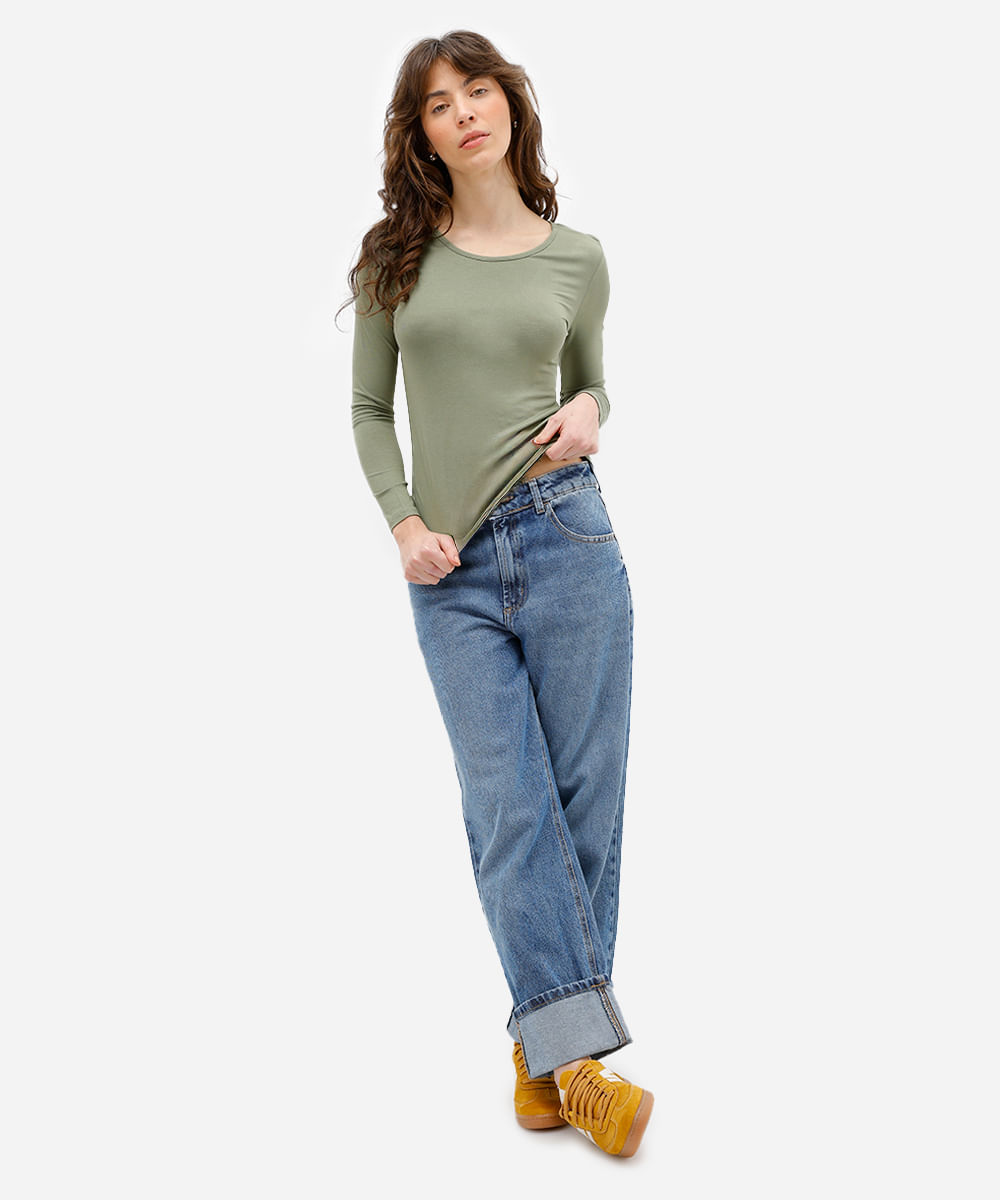 blusa feminina básica manga longa decote redondo verde