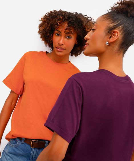 camiseta básica feminina de algodão manga curta laranja