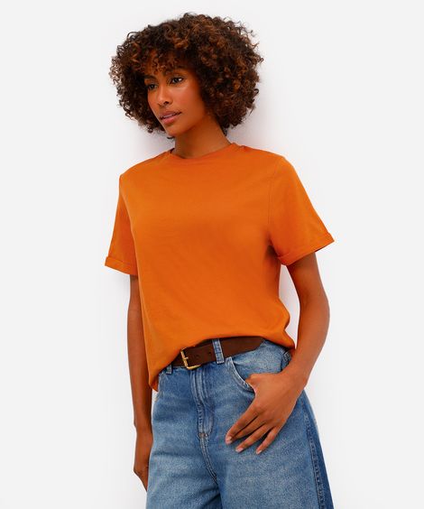 camiseta básica feminina de algodão manga curta laranja