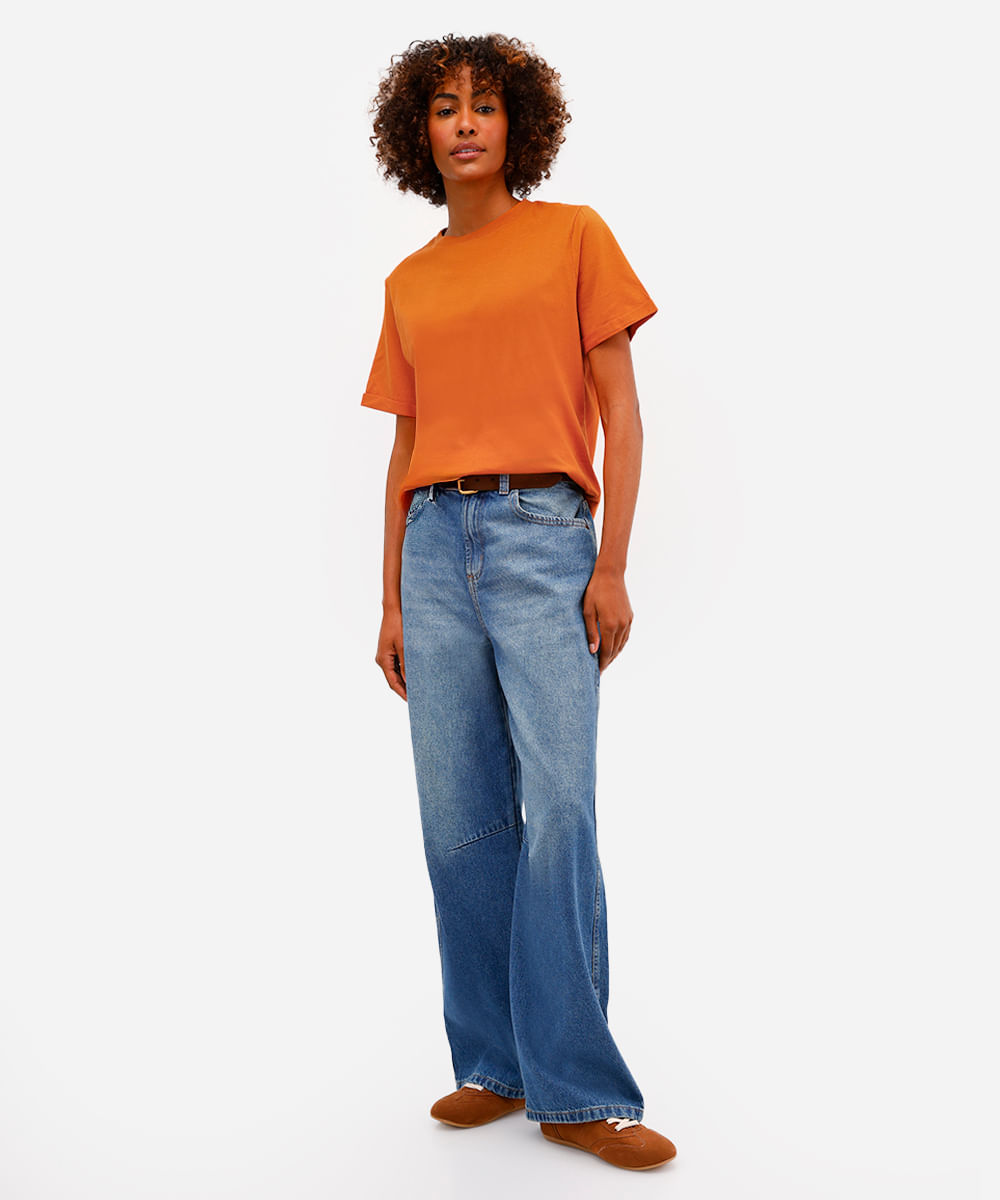 camiseta básica feminina de algodão manga curta laranja