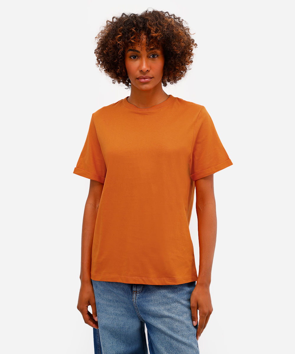 camiseta básica feminina de algodão manga curta laranja
