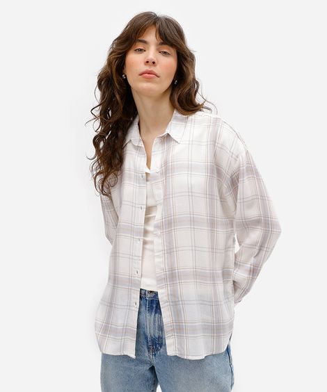 camisa feminina de viscose manga longa xadrez off white
