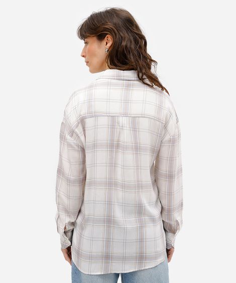camisa feminina de viscose manga longa xadrez off white