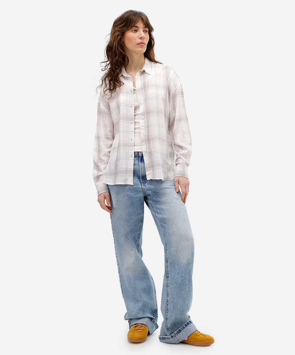 camisa feminina de viscose manga longa xadrez off white