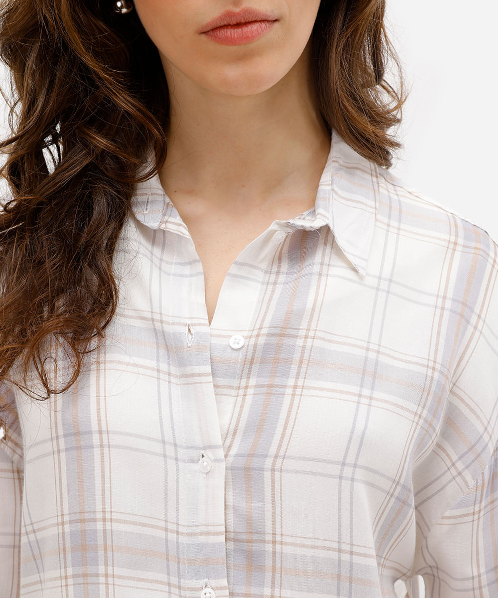 camisa feminina de viscose manga longa xadrez off white