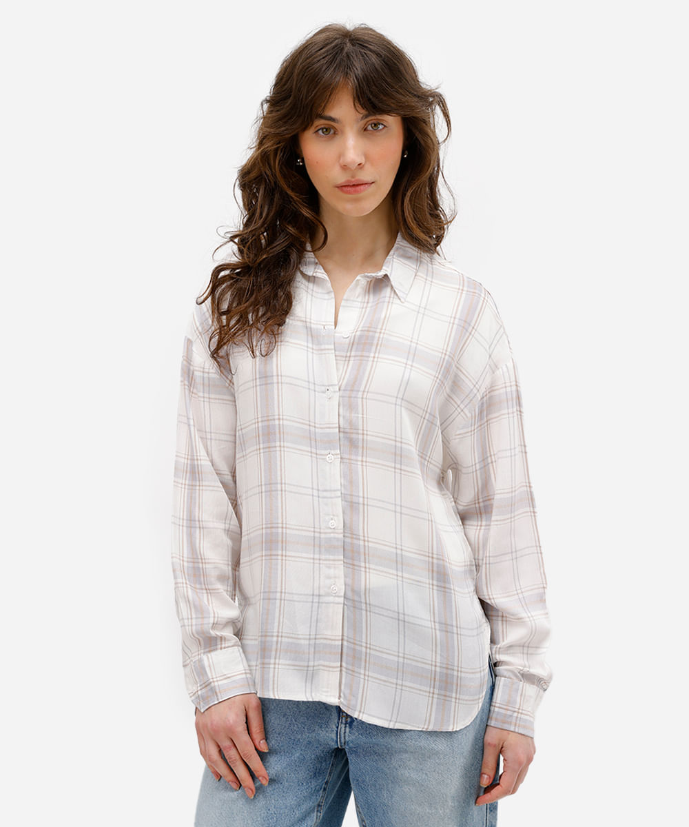 camisa feminina de viscose manga longa xadrez off white