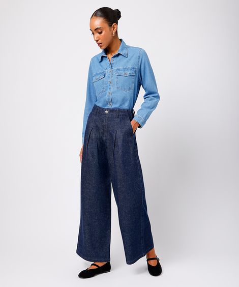 calça feminina de alfaiataria jeans com pregas mindset azul