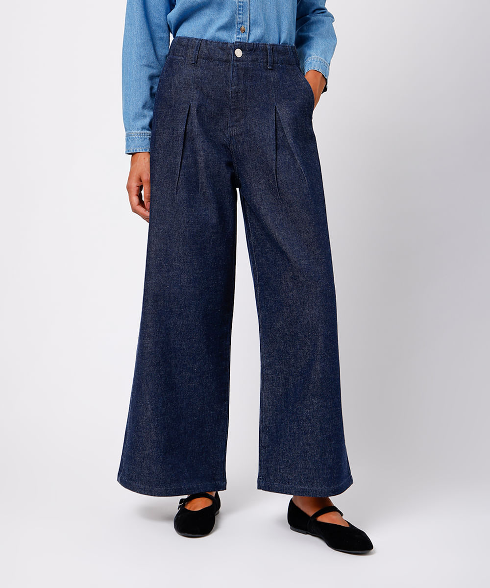 calça feminina de alfaiataria jeans com pregas mindset azul