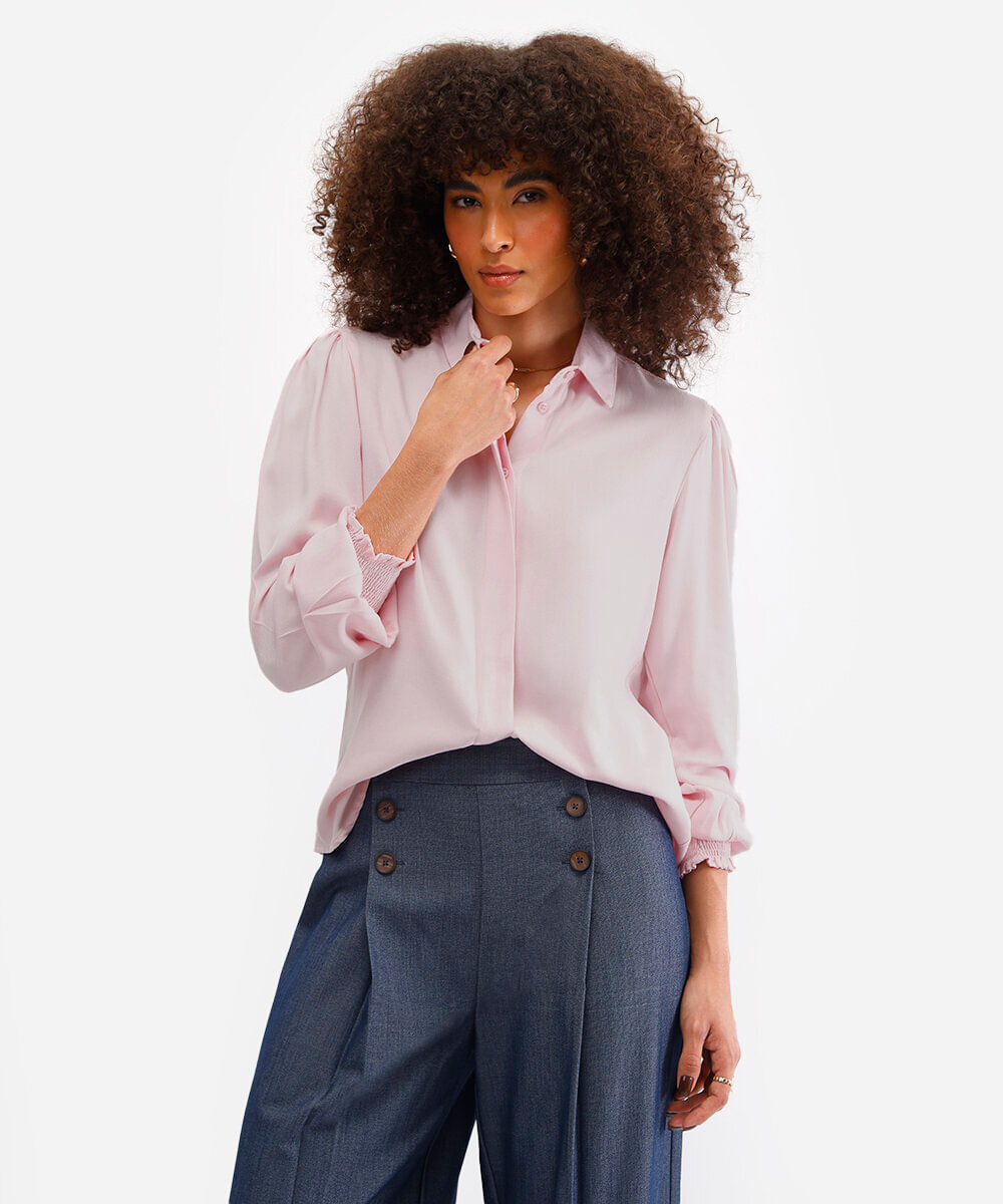 camisa feminina de viscose manga longa rosa