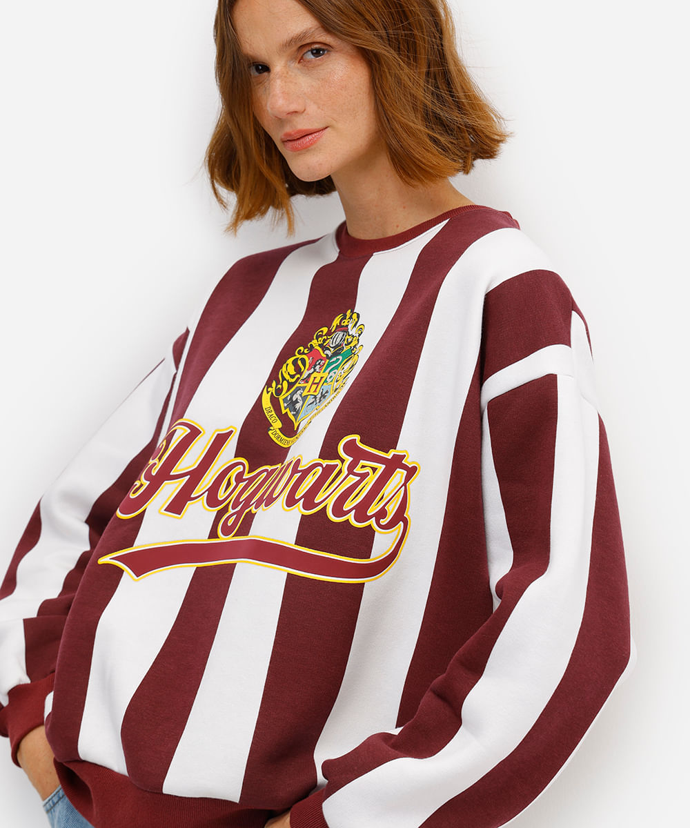 blusão feminino de moletom felpado harry potter listrado vinho