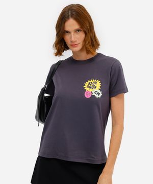 camiseta feminina de algodão estampada cinza